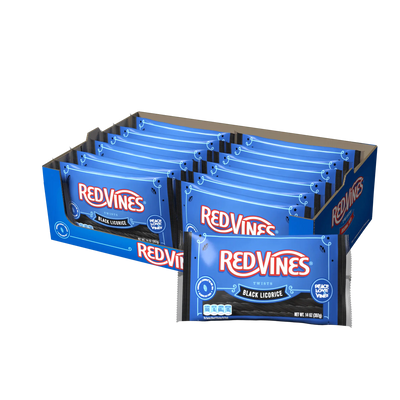 12 count box of RED VINES 14oz Black Licorice Laydown Bags