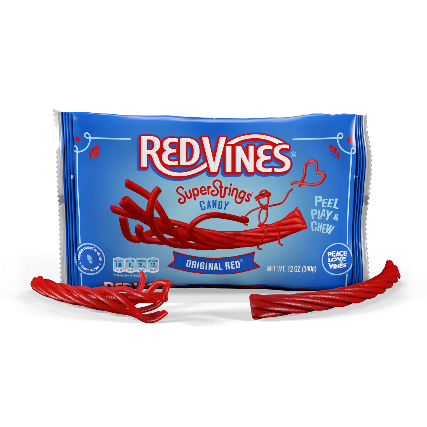 Red Vines SuperStrings Original Red Pull Apart Licorice Candy, 12oz bag with licorice in front