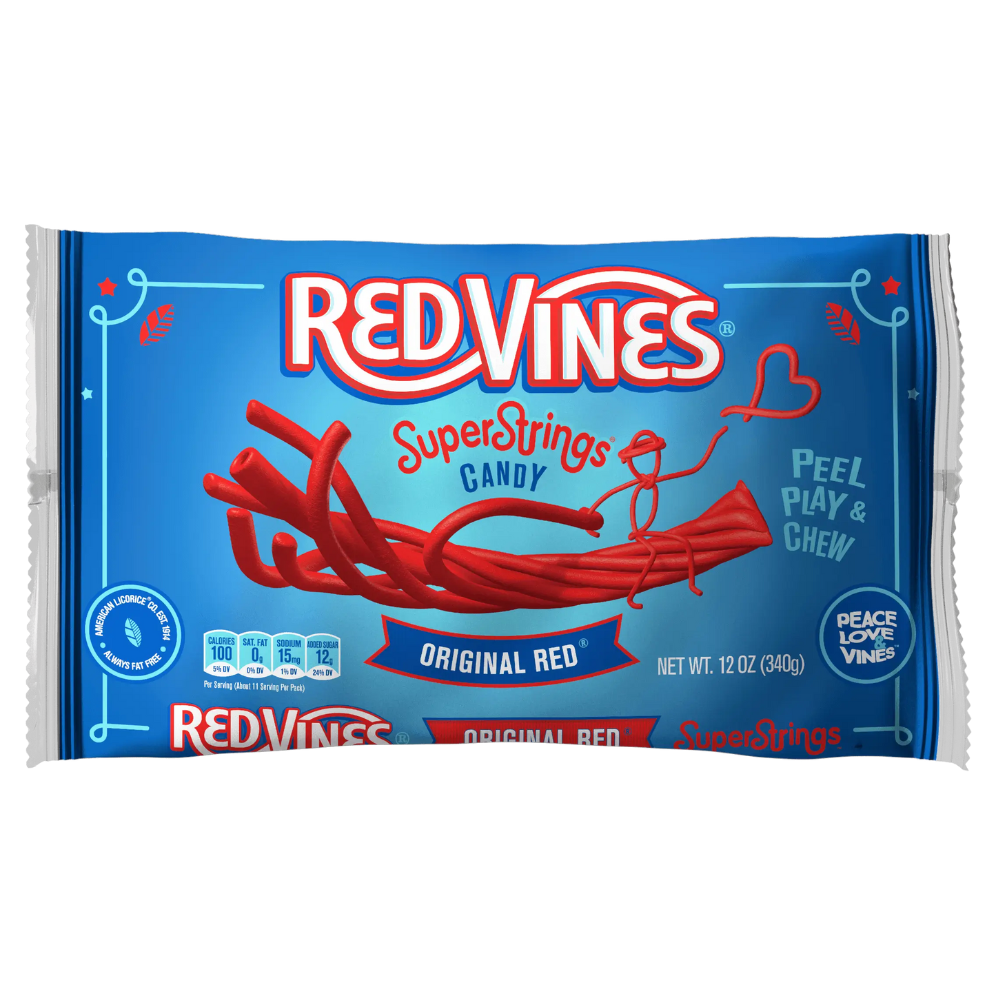 Red Vines SuperStrings Original Red Pull Apart Licorice Candy, front of 12oz bag