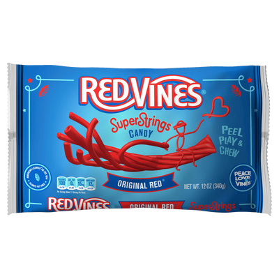 Red Vines SuperStrings Original Red Pull Apart Licorice Candy, front of 12oz bag