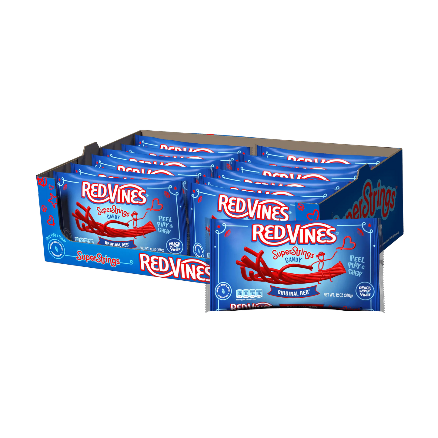 12 count box of 12oz RED VINES SuperStrings Pull Apart Licorice Candy Laydown Bags