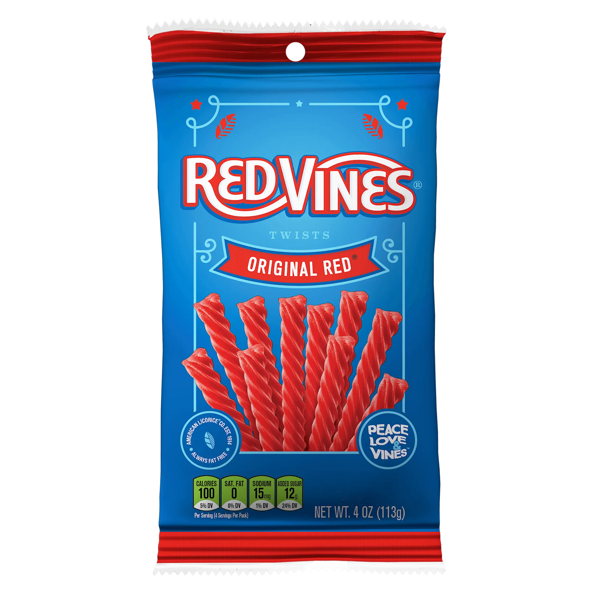 Front of Red Vines Original Red Licorice Twists 4oz Hanging Bag