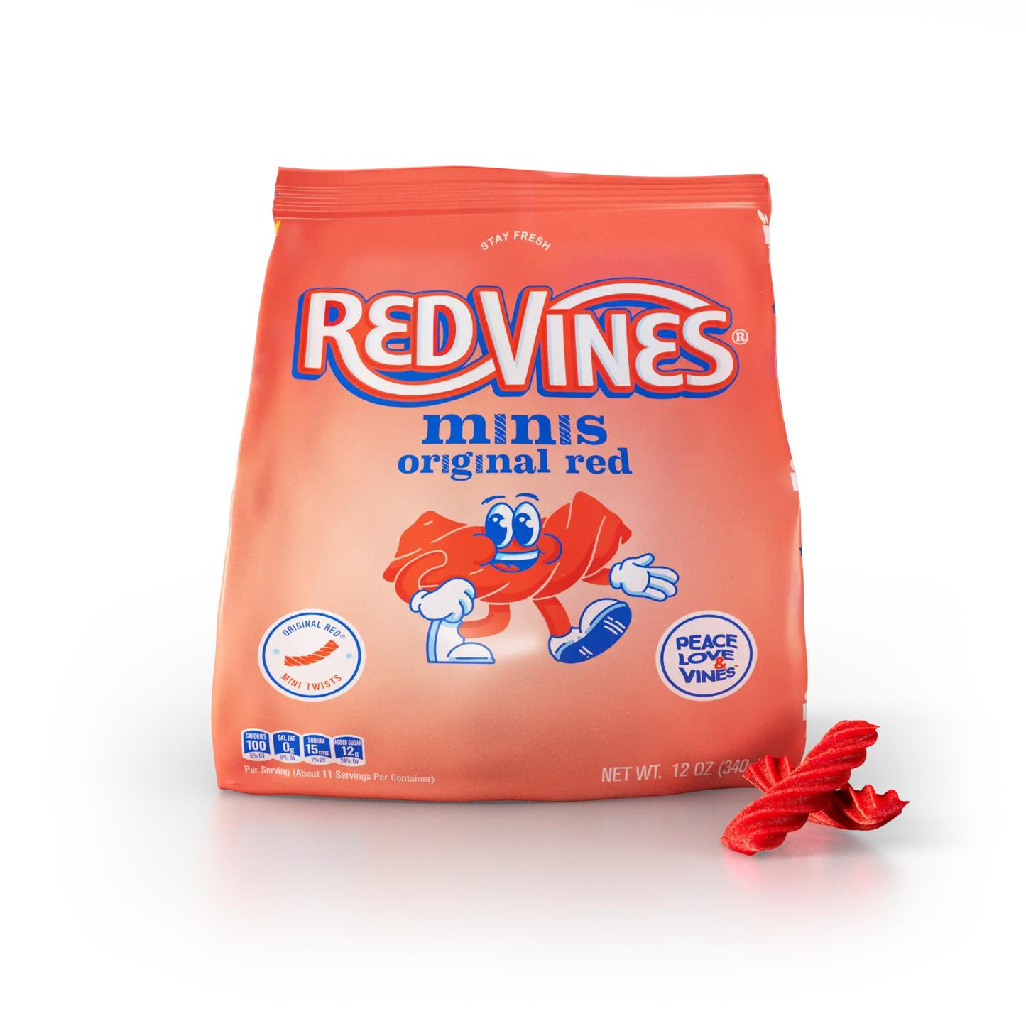 Red Vines Original Red Minis 12oz Bag with raw candy pieces in front