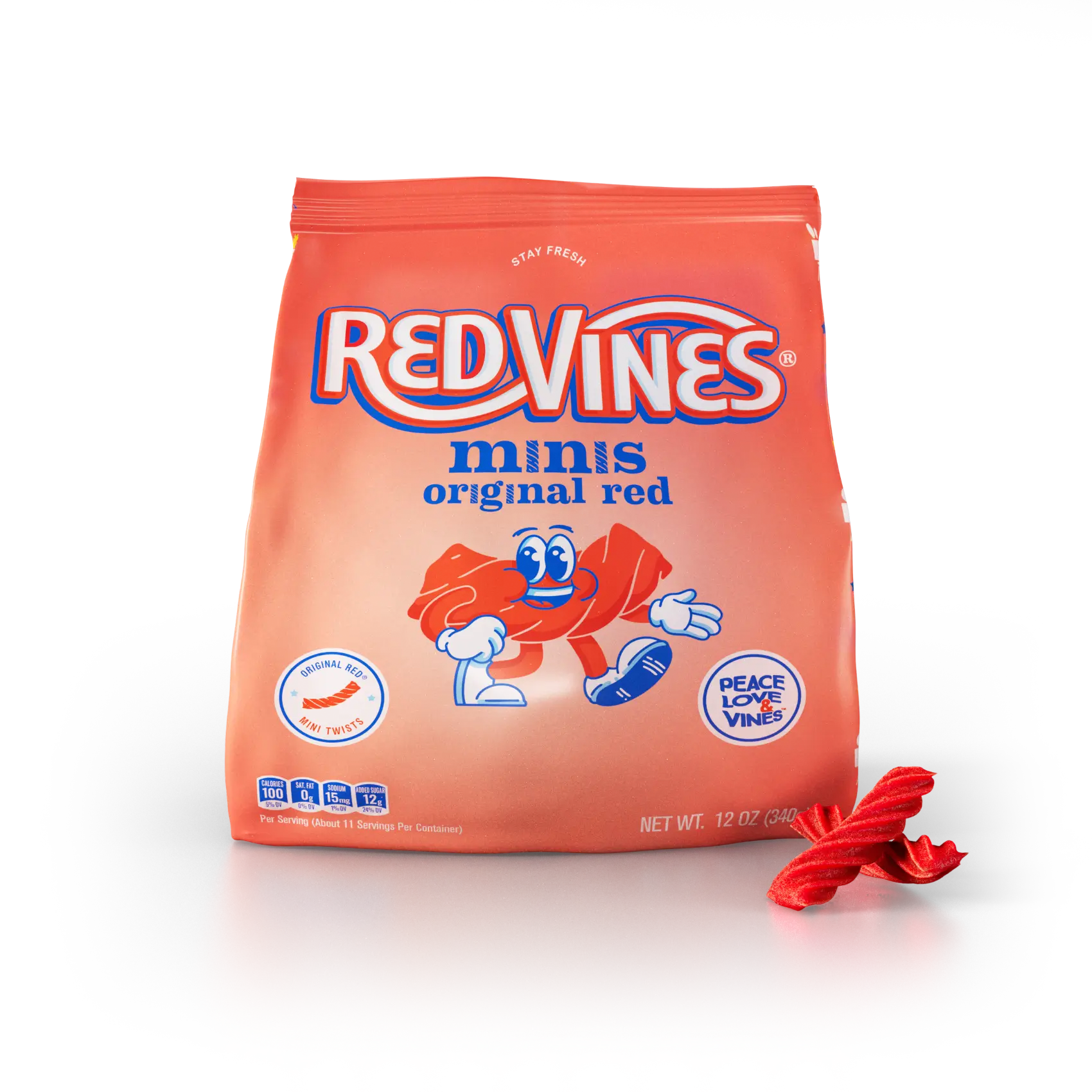 Red Vines Original Red Minis 12oz Bag with raw candy pieces in front