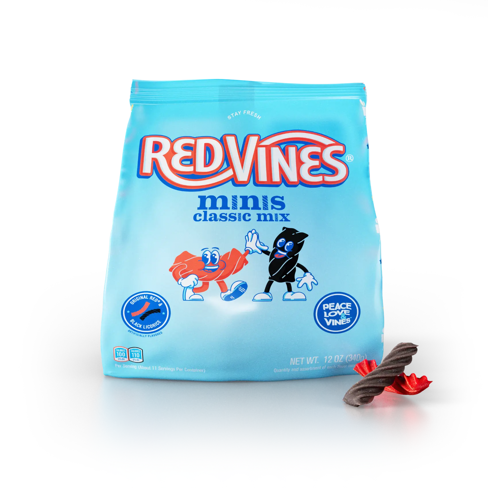 Red Vines Classic Mix Red and Black Licorice Mini Twists 12oz Bag with raw mini red and mini black licorice candy pieces in front