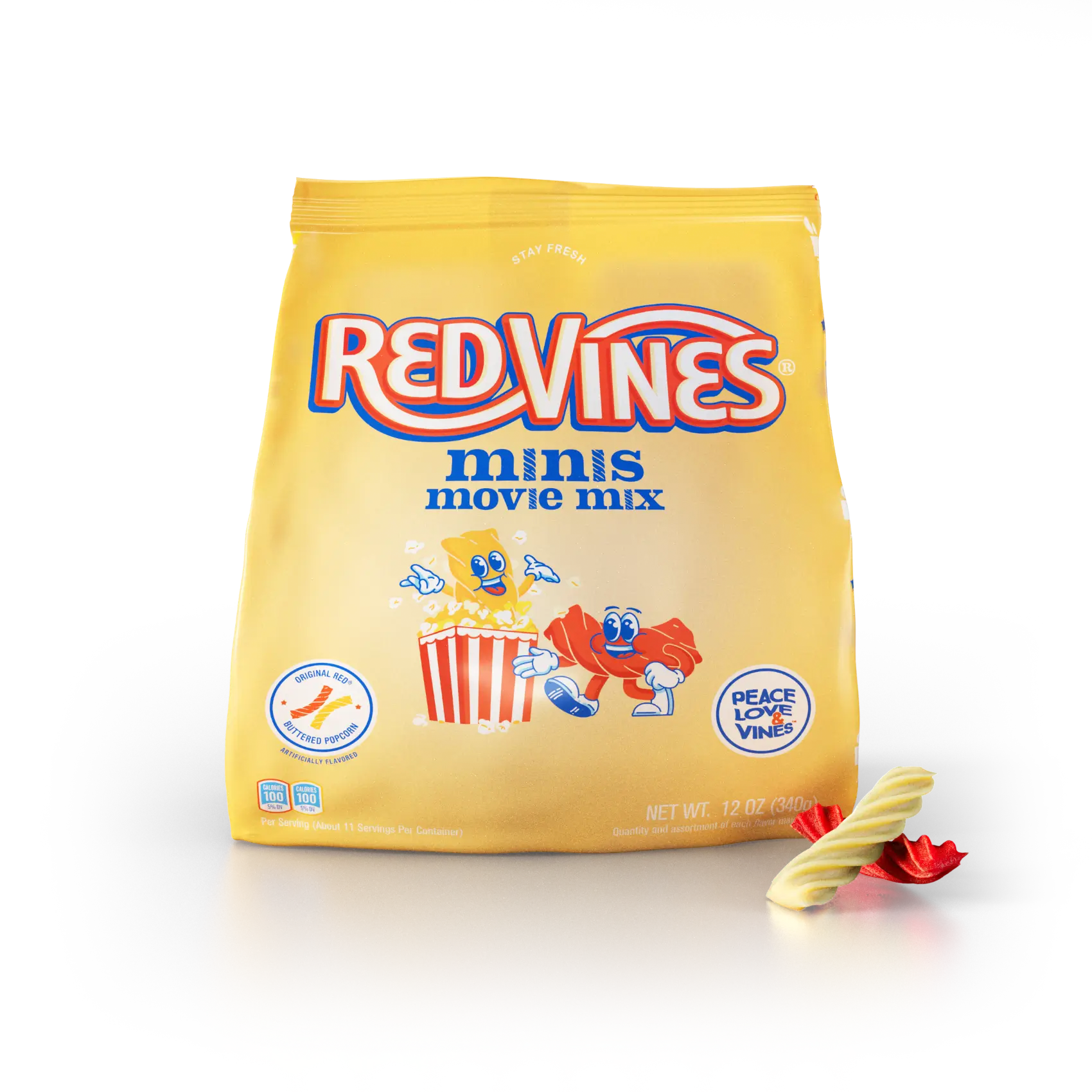 Red Vines Movie Mix Minis 12oz Bag with buttered popcorn and red licorice mini candy pieces in front