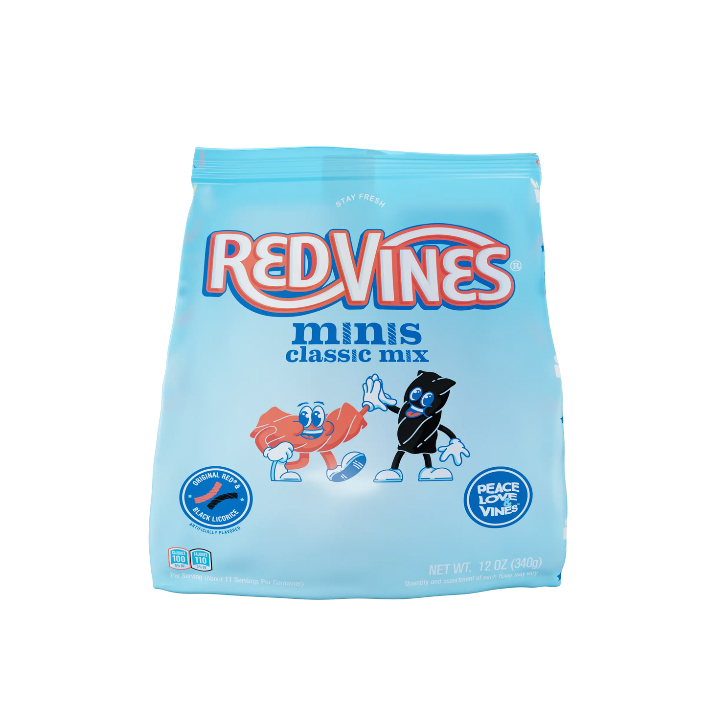 Front of Red Vines Classic Mix Red and Black Licorice Mini Twists 12oz Bag
