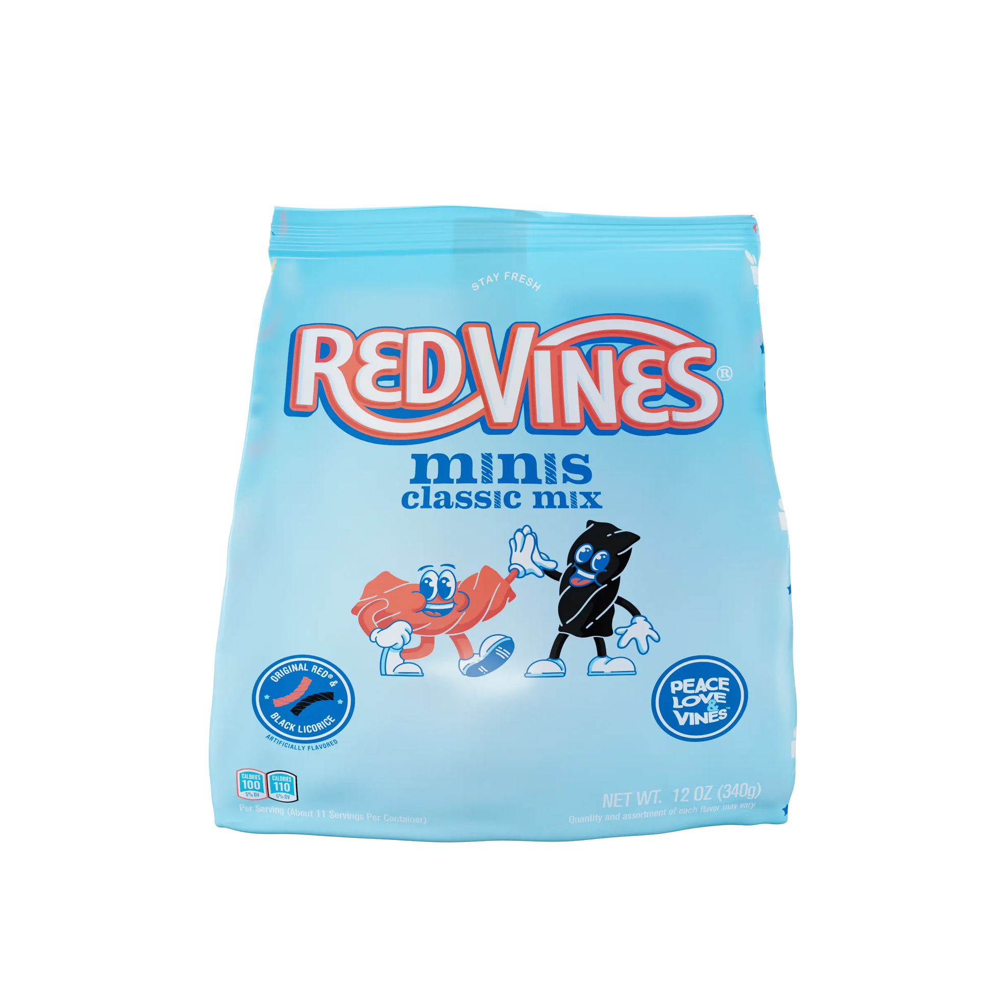 Front of Red Vines Classic Mix Red and Black Licorice Mini Twists 12oz Bag