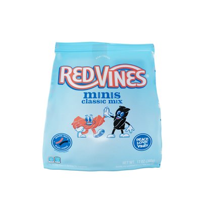 Front of Red Vines Classic Mix Red and Black Licorice Mini Twists 12oz Bag