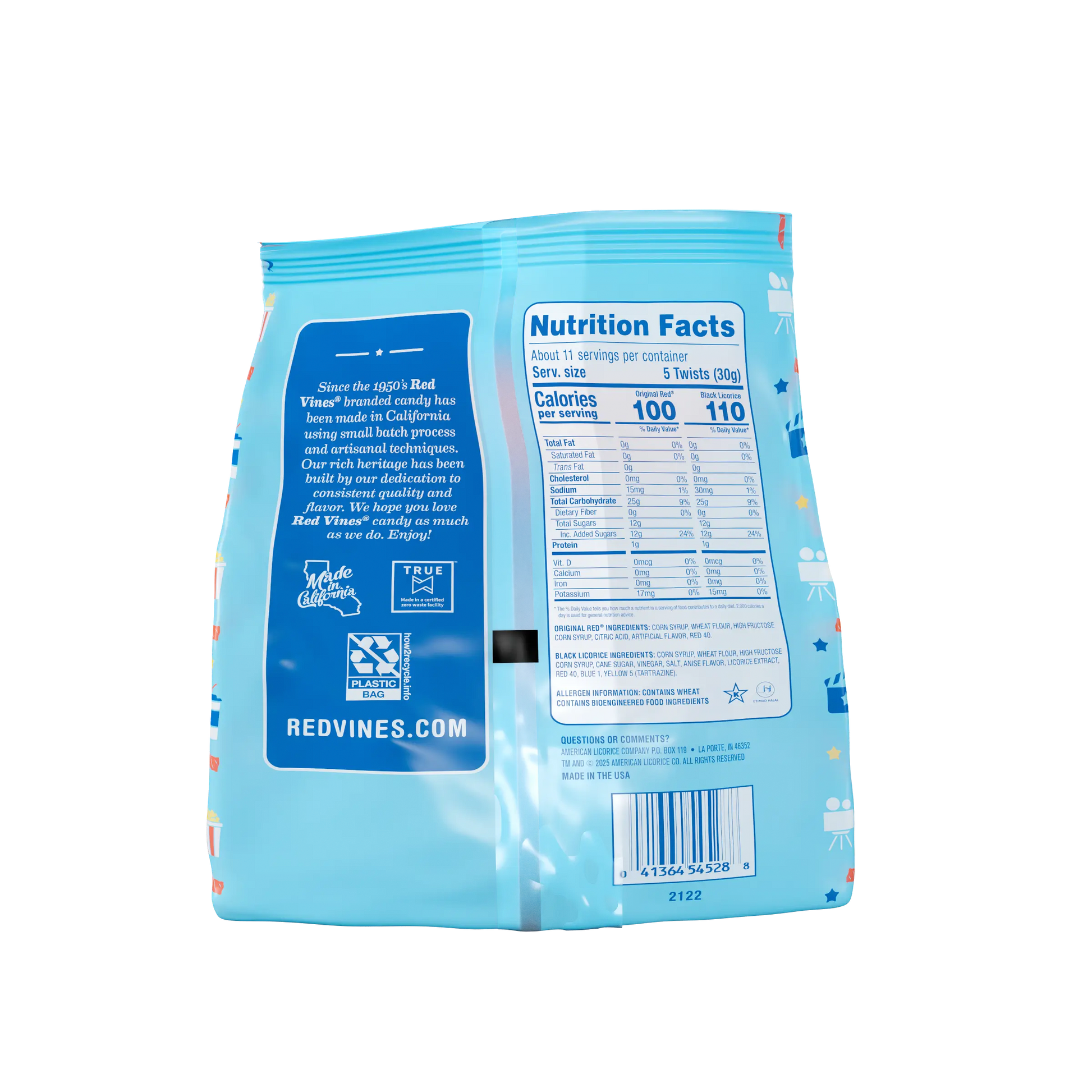 Back of Red Vines Classic Mix Red and Black Licorice Mini Twists 12oz Bag