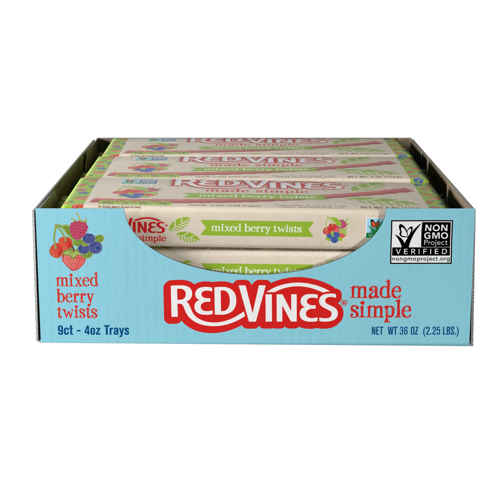 Display caddy of 9 RED VINES Made Simple Berry Licorice Twists, 4oz Trays