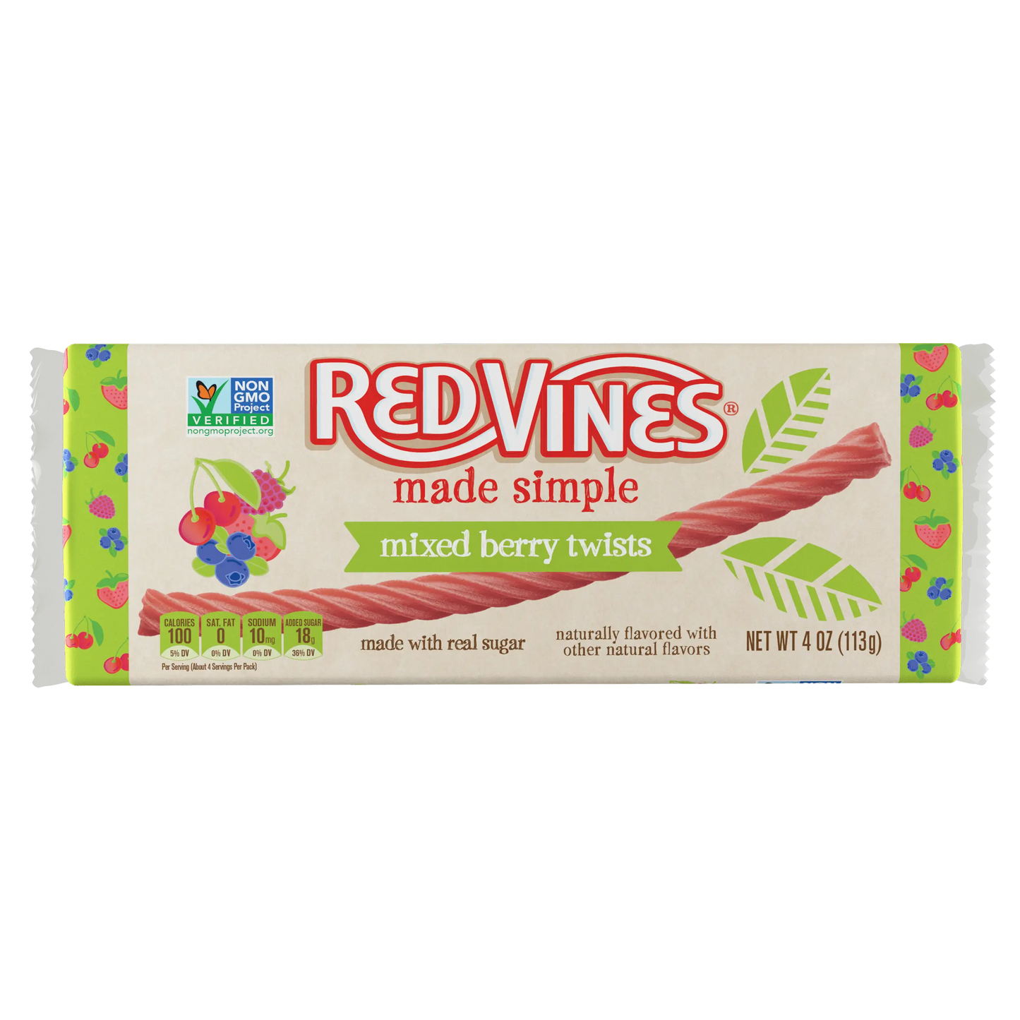 Front of 4oz Red Vines Made Simple Berry Licorice Twists Tray