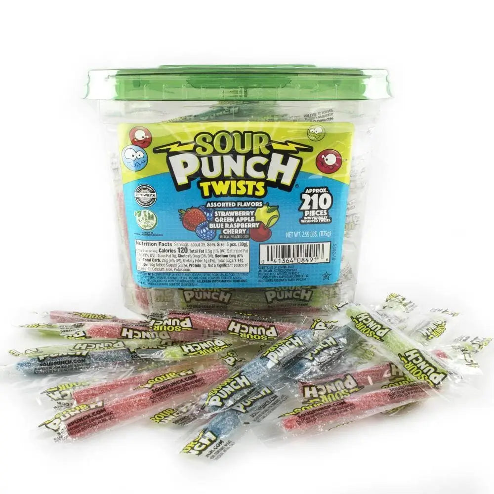 Bulk Strawberry, Green Apple, Blue Raspberry, and Cherry 3" Individually Wrapped Sour Candy Twists in front of a SOUR PUNCH Assorted Flavors 2.59lbs Jar