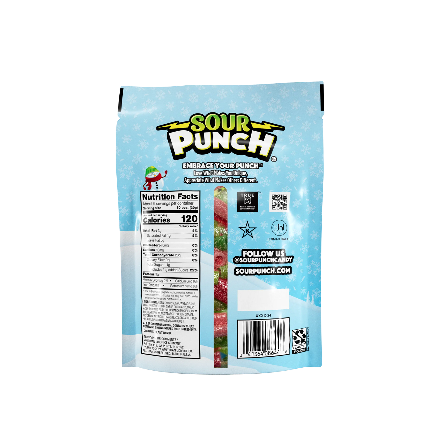 Back of Sour Punch Merry Mix 9oz Stand Up bag package