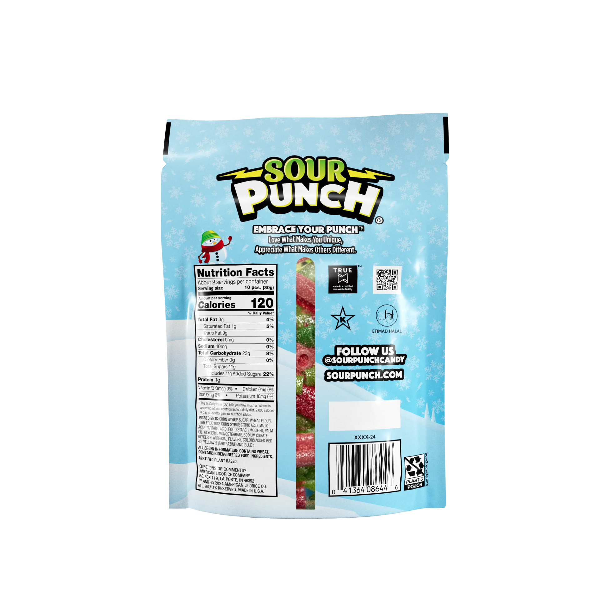 Back of Sour Punch Merry Mix 9oz Stand Up bag package