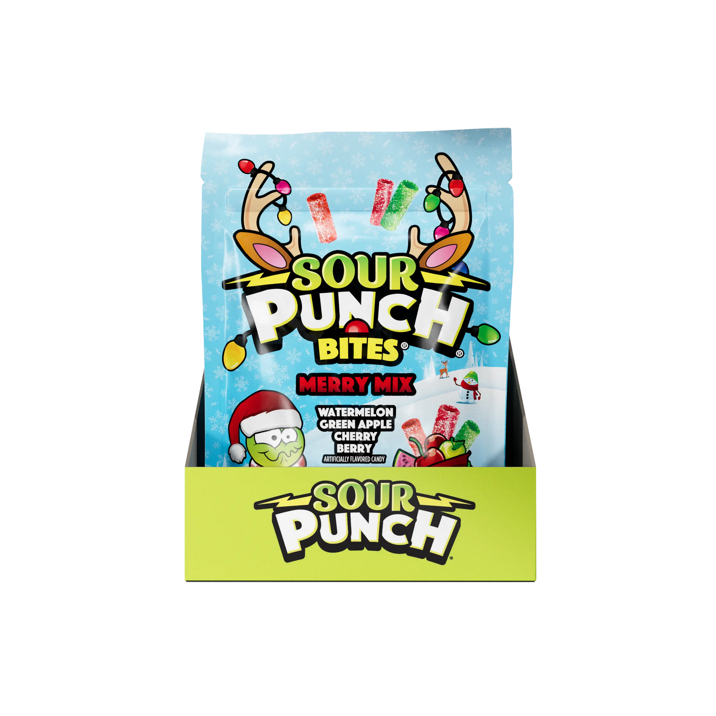 6 count Display caddy of Sour Punch Merry Mix Bulk Christmas Candy 9oz Stand Up bags