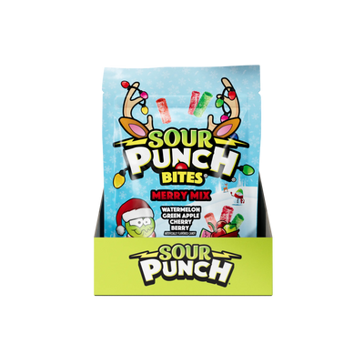 6 count Display caddy of Sour Punch Merry Mix Bulk Christmas Candy 9oz Stand Up bags
