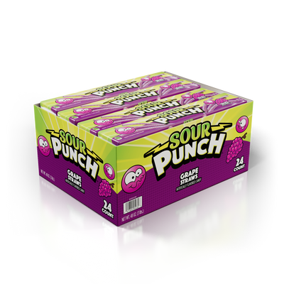 24 count caddy of bulk SOUR PUNCH Grape Straws 2oz Trays