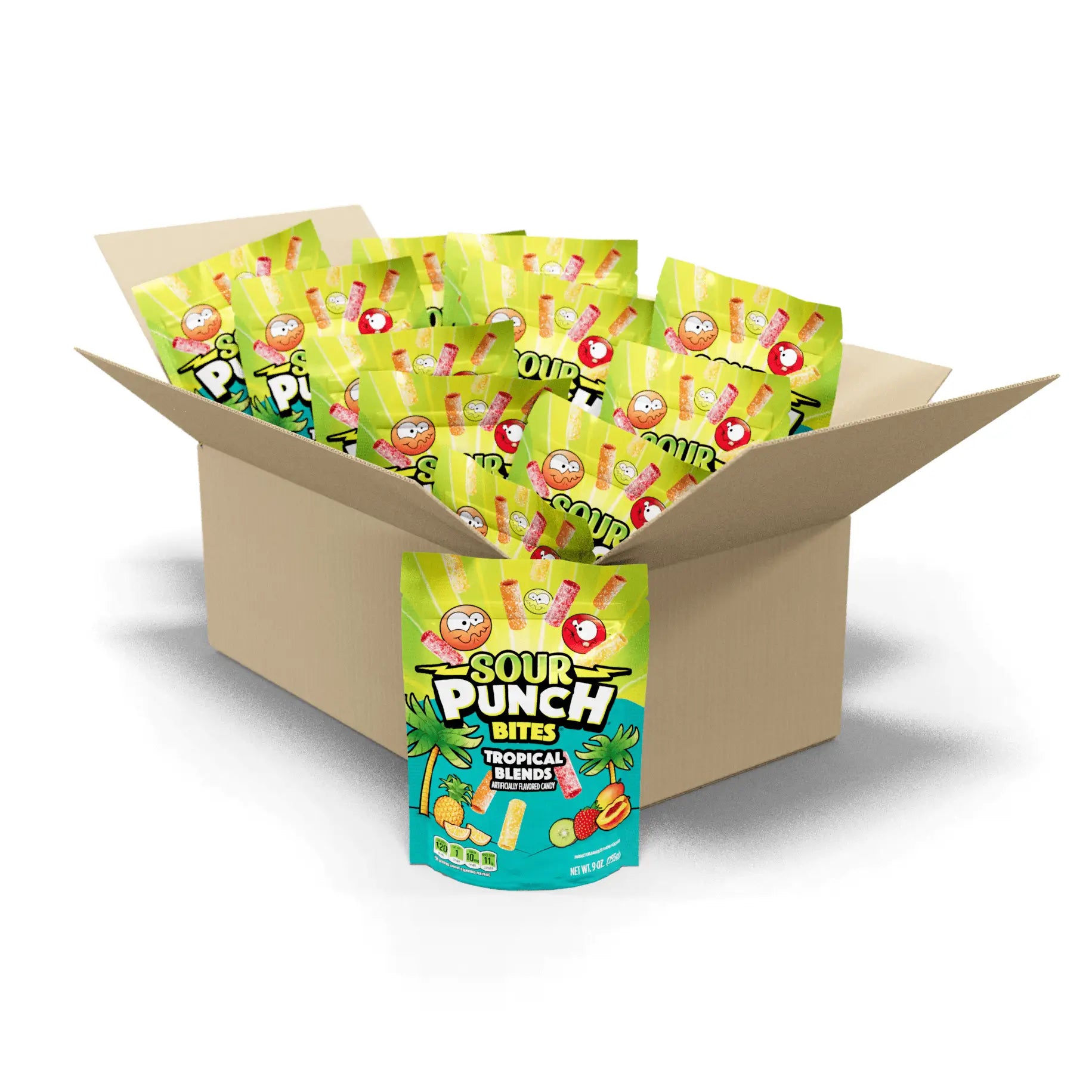 12 count bulk candy box of Sour Punch Bites Tropical Blends 9oz Stand up bags