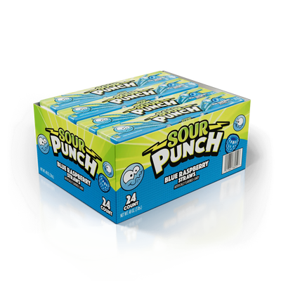 24 count caddy of bulk SOUR PUNCH Blue Raspberry Straws 2oz Trays