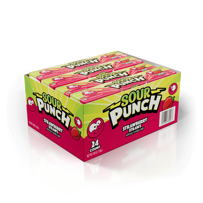 Display box of 24 Sour Punch 2oz Strawberry Straws Trays