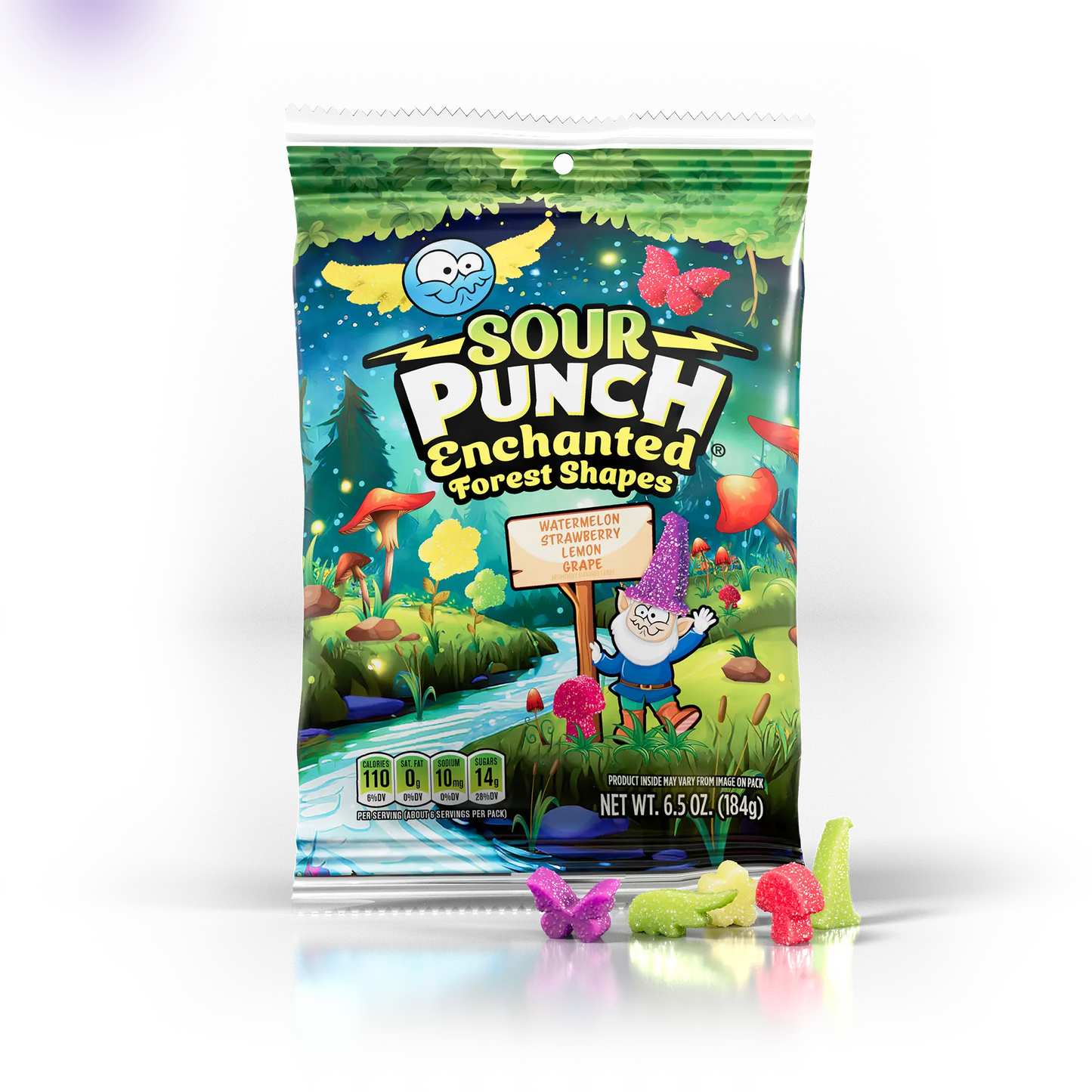 Sour Punch Enchanted Forest Shapes Candy 6.5oz Bag with raw candy shapes in front