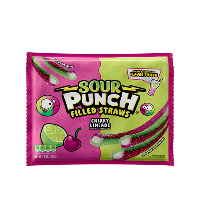 Front of Sour Punch Filled Straws Cherry Limeade Filled Candy Wholesale 9oz Bag