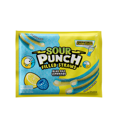 Front of Sour Punch Filled Straws Blue Raz Lemonade Bulk Filled Candy 9oz Bag