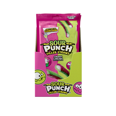 12-pack Caddy of Sour Punch Filled Straws Cherry Limeade filled straw candy in bulk 5oz Bags