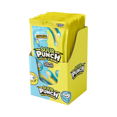 12-pack Caddy of Sour Punch Filled Straws Blue Raz Lemonade Filled Straw Wholesale Candy 5oz Bags - right angled view