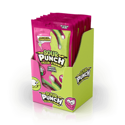 12-pack Caddy of Sour Punch Filled Straws Cherry Limeade filled straw candy in bulk 5oz Bags - right angled view