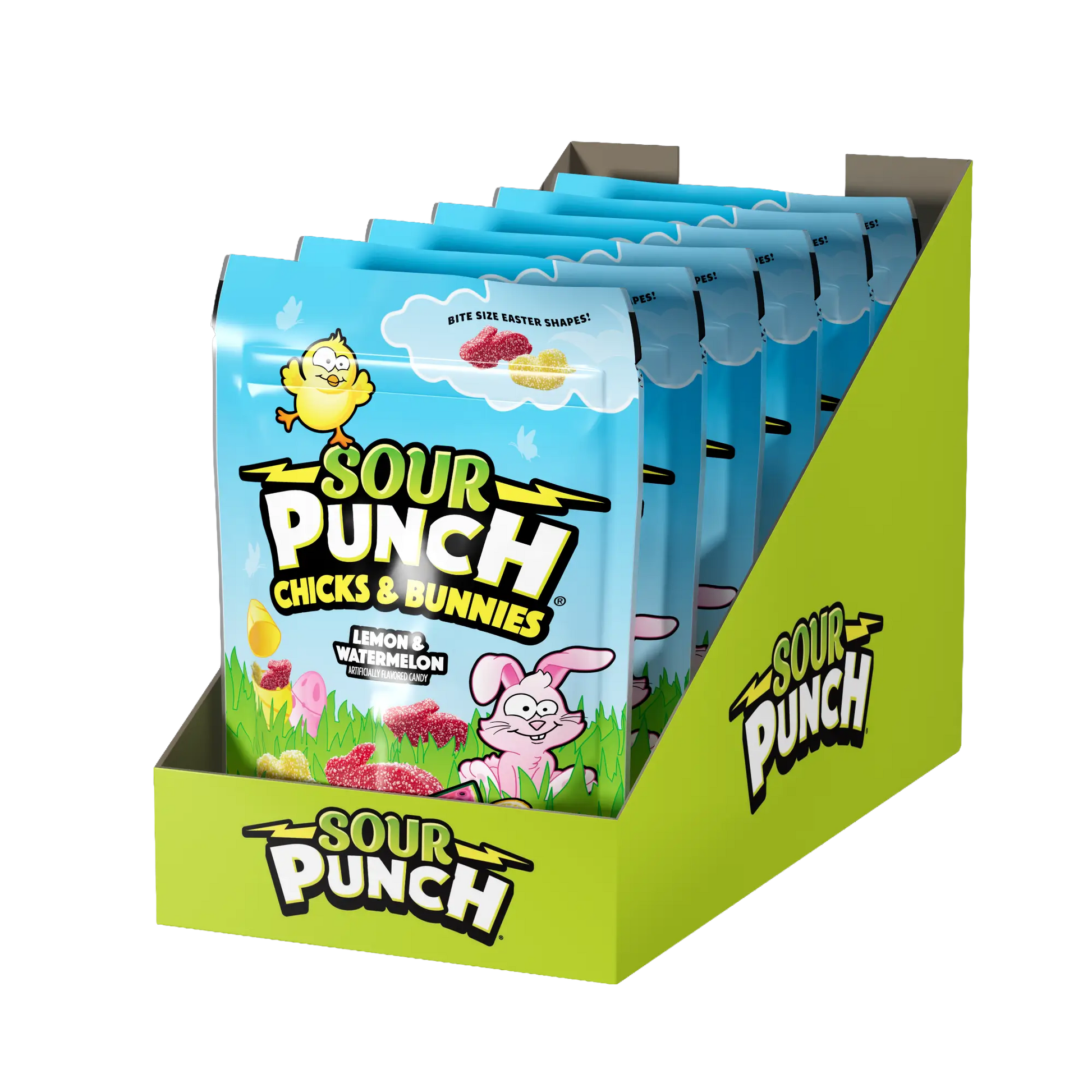 6-pack Display Ready Case of Sour Punch Chicks & Bunnies Easter Candy - angled view