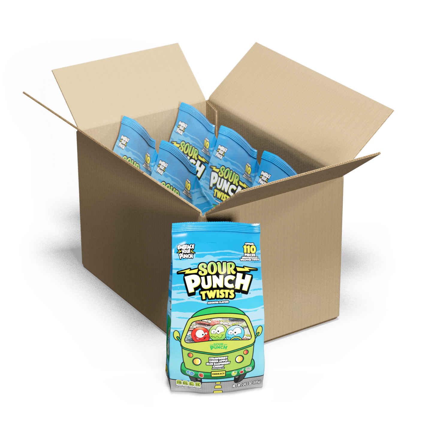 Bulk candy box of Sour Punch Assorted Individually Wrapped Twists in 24.5oz Bags - 6 bags in a case