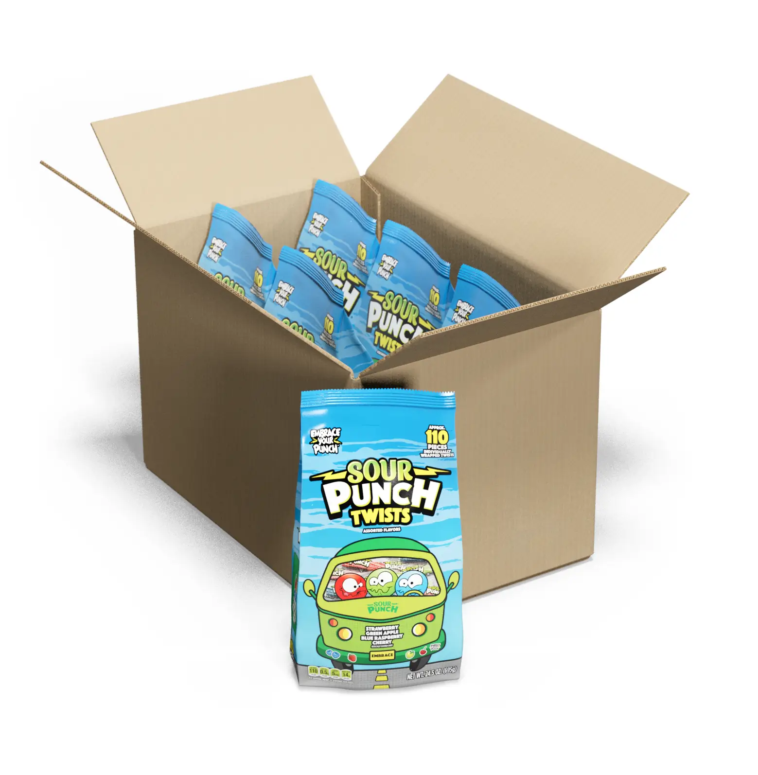 Bulk candy box of Sour Punch Assorted Individually Wrapped Twists in 24.5oz Bags - 6 bags in a case