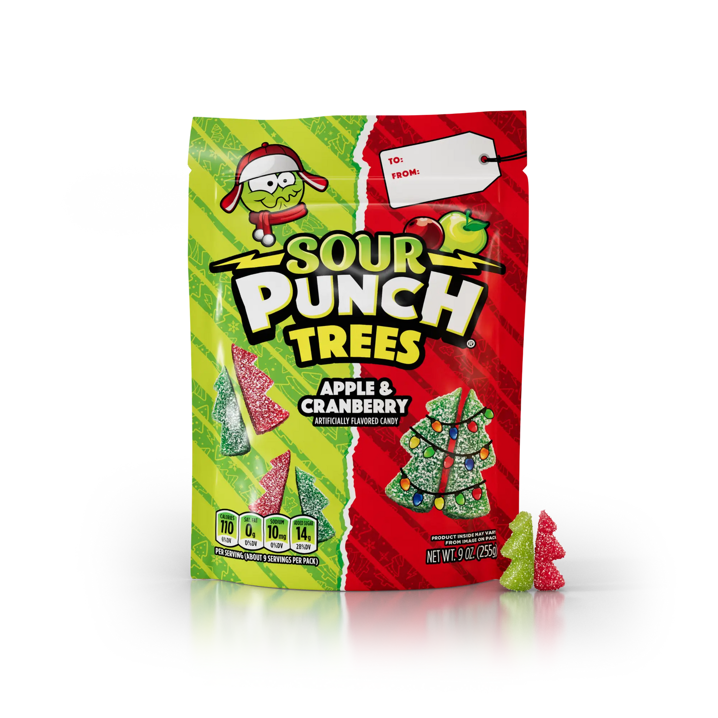 Front of Sour Punch Trees Christmas Candy 9oz Bag with raw candy pieces next to the bag
