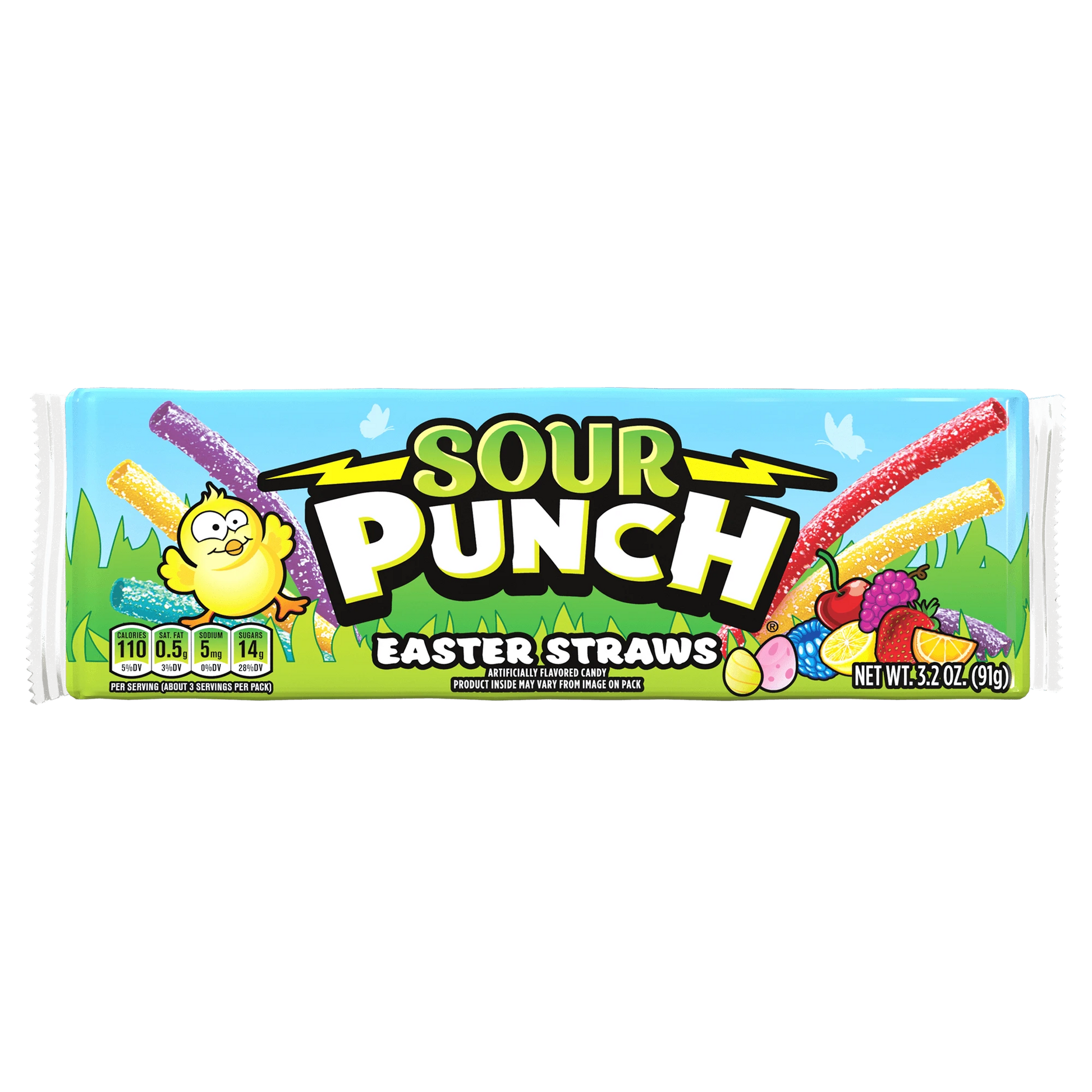 SOUR PUNCH Easter Candy Straws front of 3.2oz candy tray