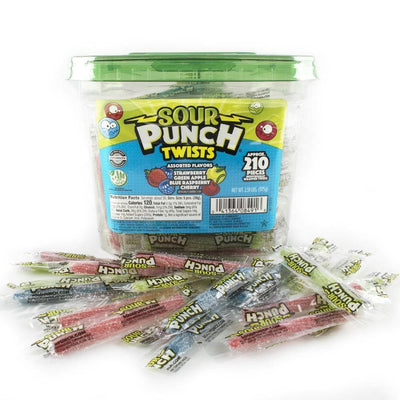 Bulk Strawberry, Green Apple, Blue Raspberry, and Cherry 3" Individually Wrapped Sour Candy Twists in front of a SOUR PUNCH Assorted Flavors 2.59lbs Jar