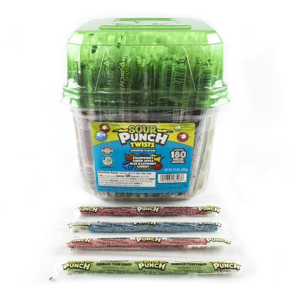 Strawberry, Green Apple, Blue Raspberry, and Cherry individually wrapped candy in front of SOUR PUNCH Assorted Flavors 6" Twists 3.9lbs Bulk Candy Jar