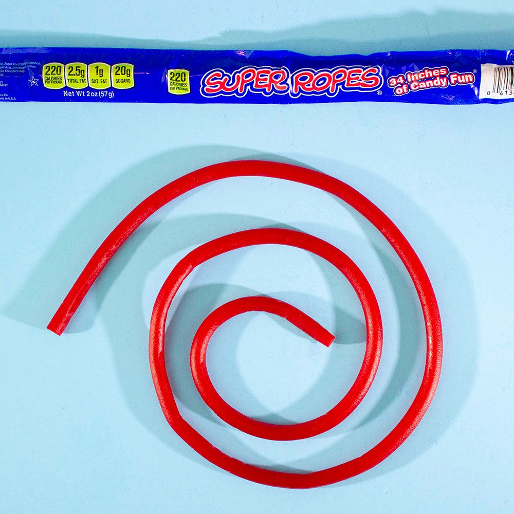 SUPER ROPE red licorice rope on light blue background