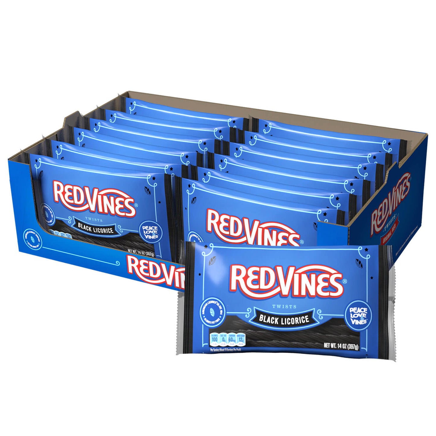 12 count box of RED VINES 14oz Black Licorice Laydown Bags
