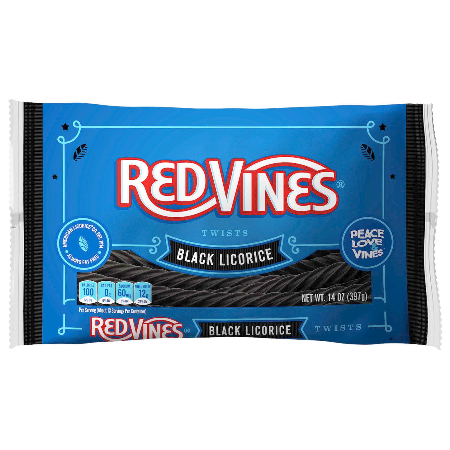 Red Vines Black Licorice Twists front of 14oz bag