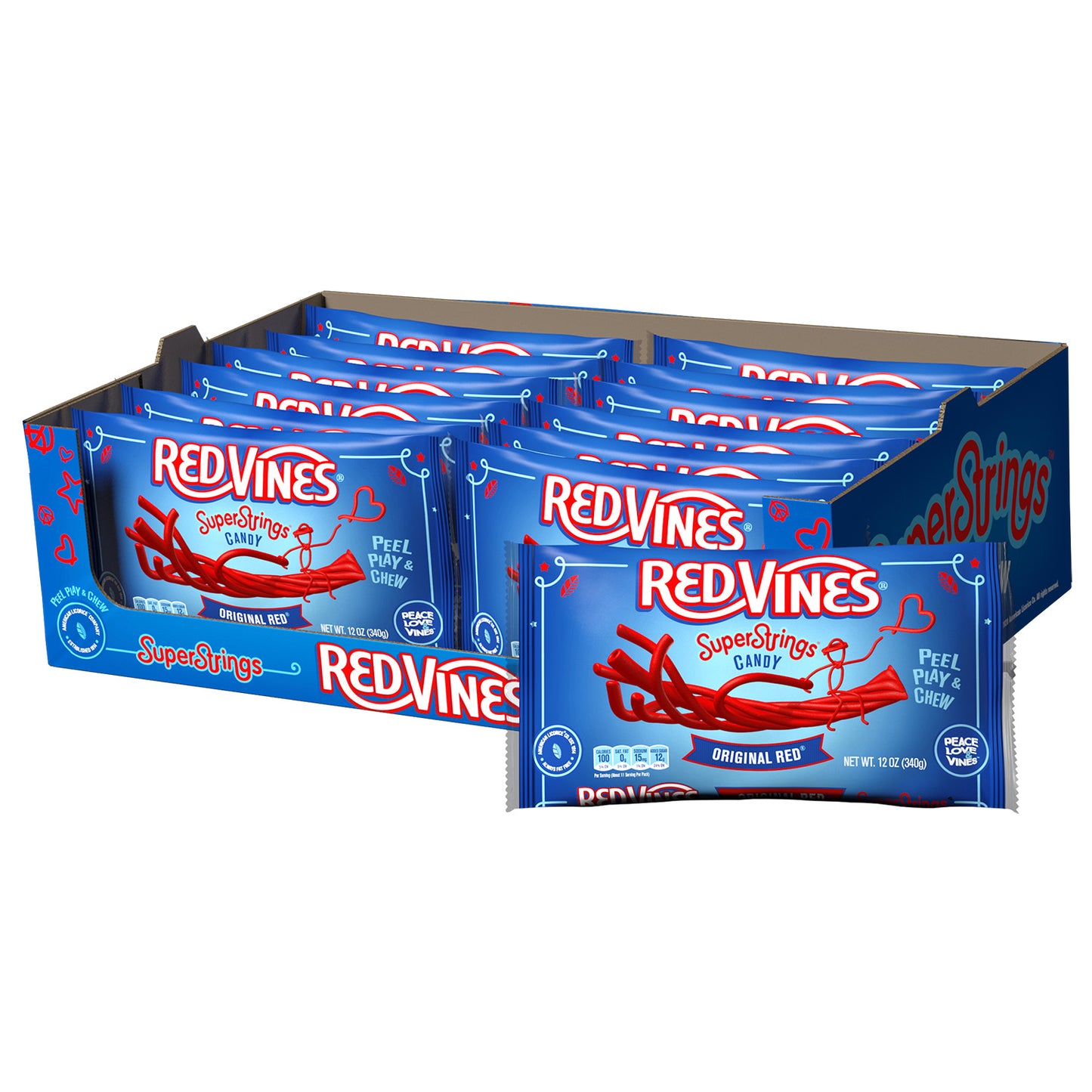 12 count box of 12oz RED VINES SuperStrings Pull Apart Licorice Candy Laydown Bags
