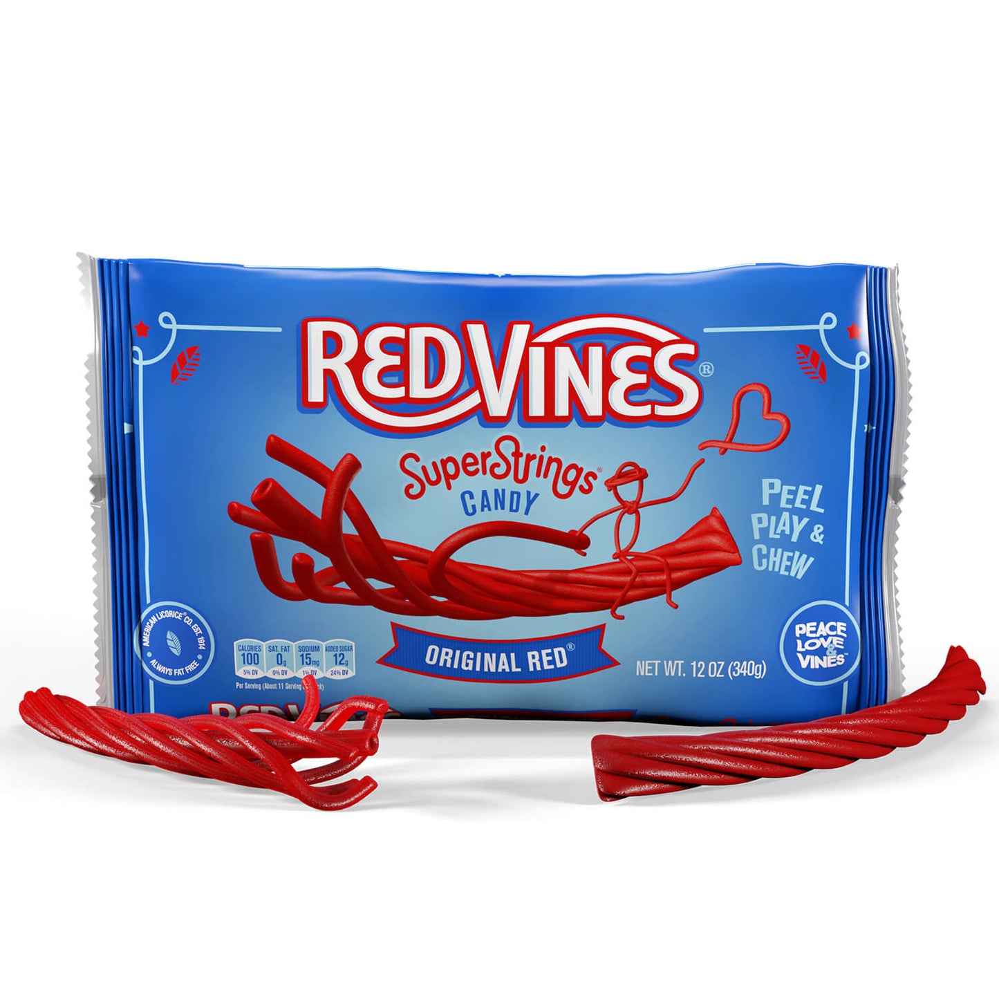 Red Vines SuperStrings Original Red Pull Apart Licorice Candy, 12oz bag with licorice in front