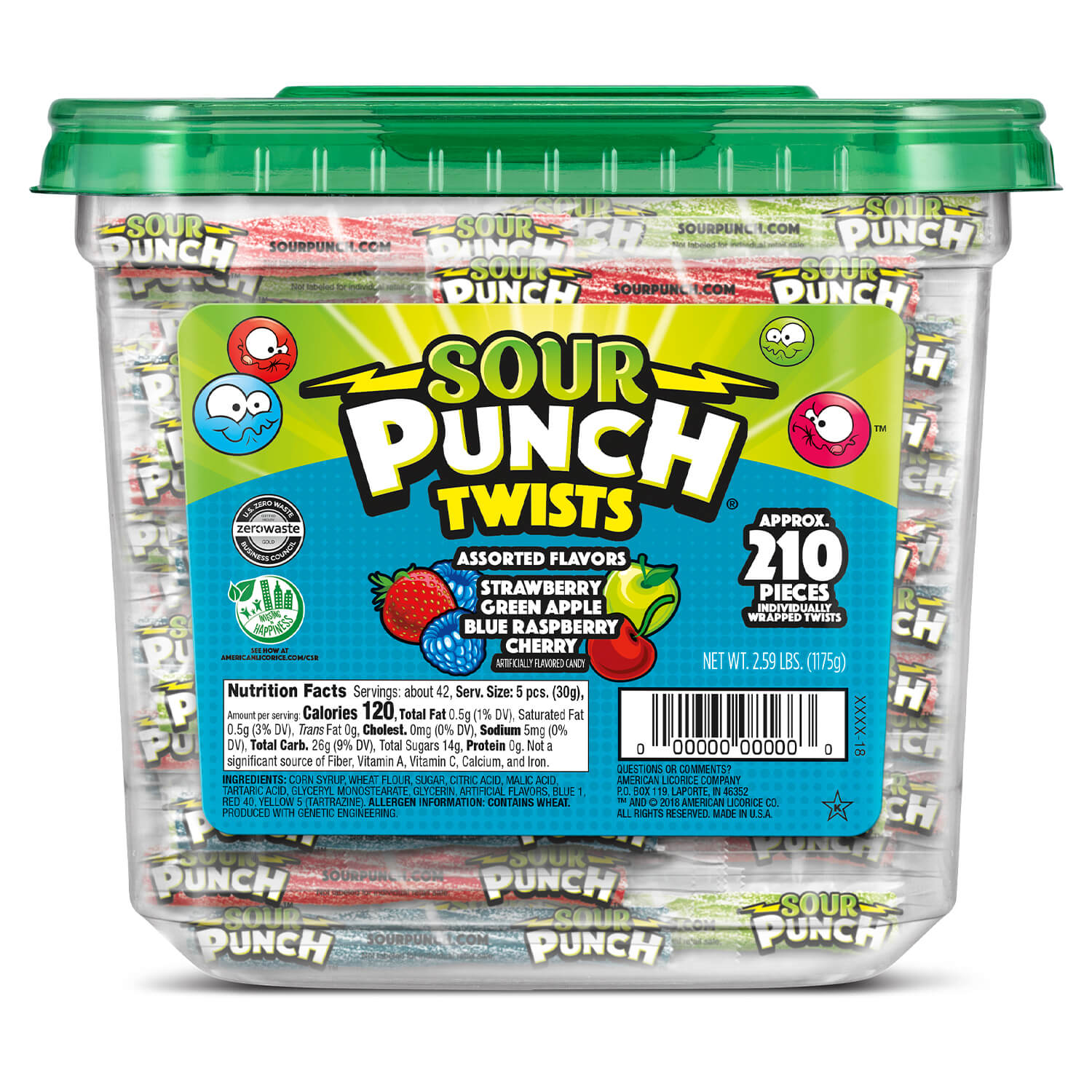 3" Individually Wrapped Bulk Sour Candy Twists, Assorted Candy Flavors, Front of 2.59 lbs Jar