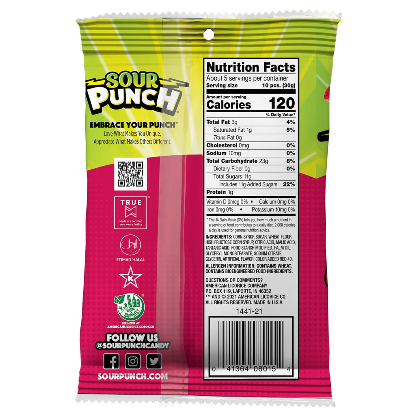 Back of Sour Punch Bites Strawberry 5oz bag