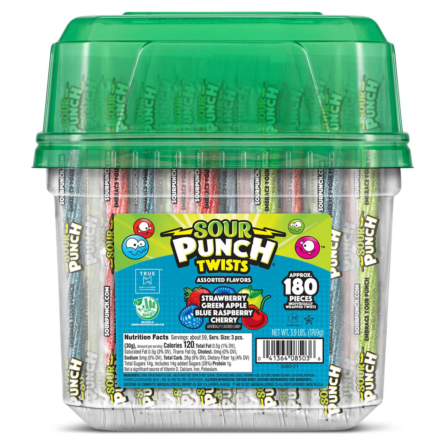 Front of SOUR PUNCH Assorted Individually Wrapped Candy Twists in 3.9lbs Jar