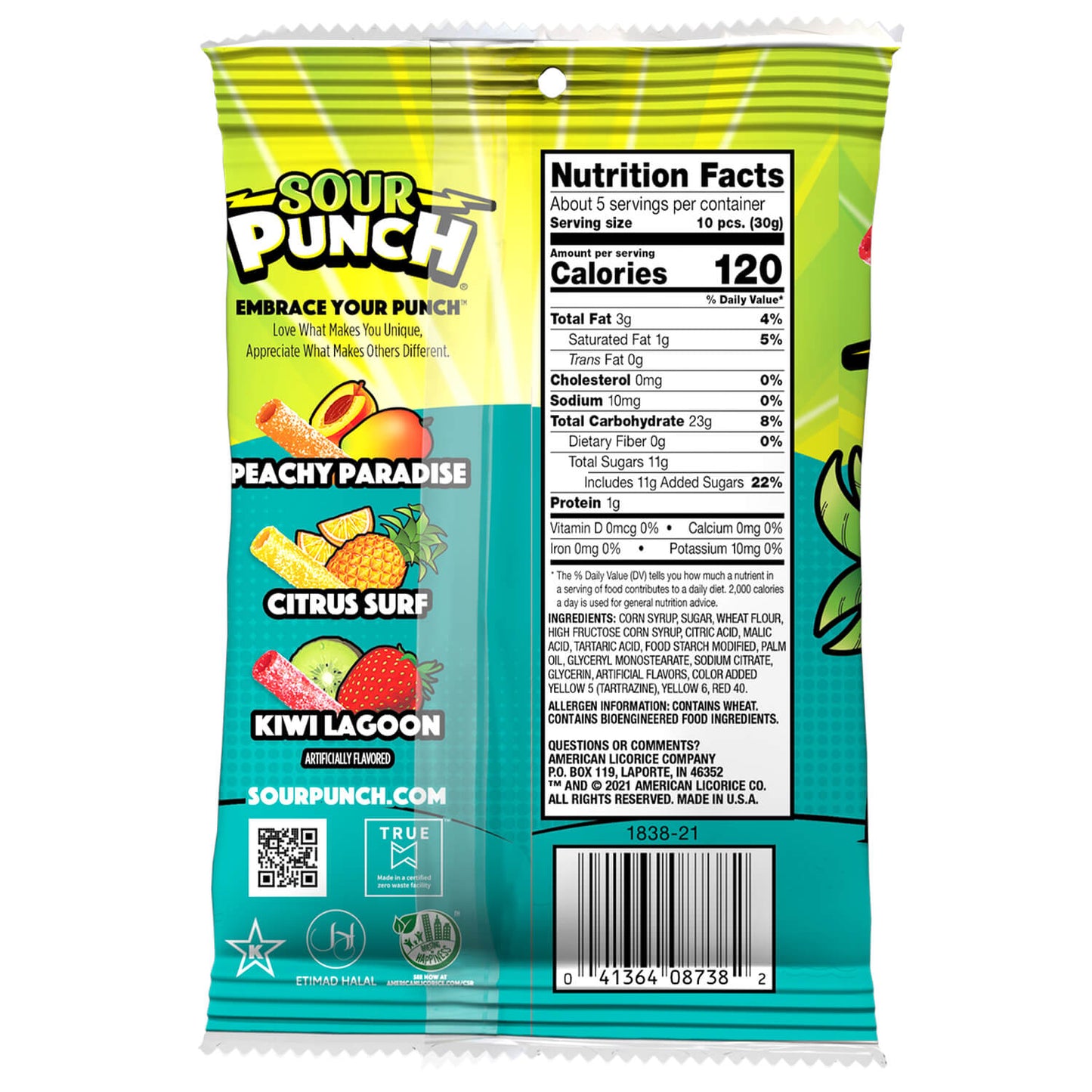 Back of Sour Punch Bites Tropical Blends 5oz bag