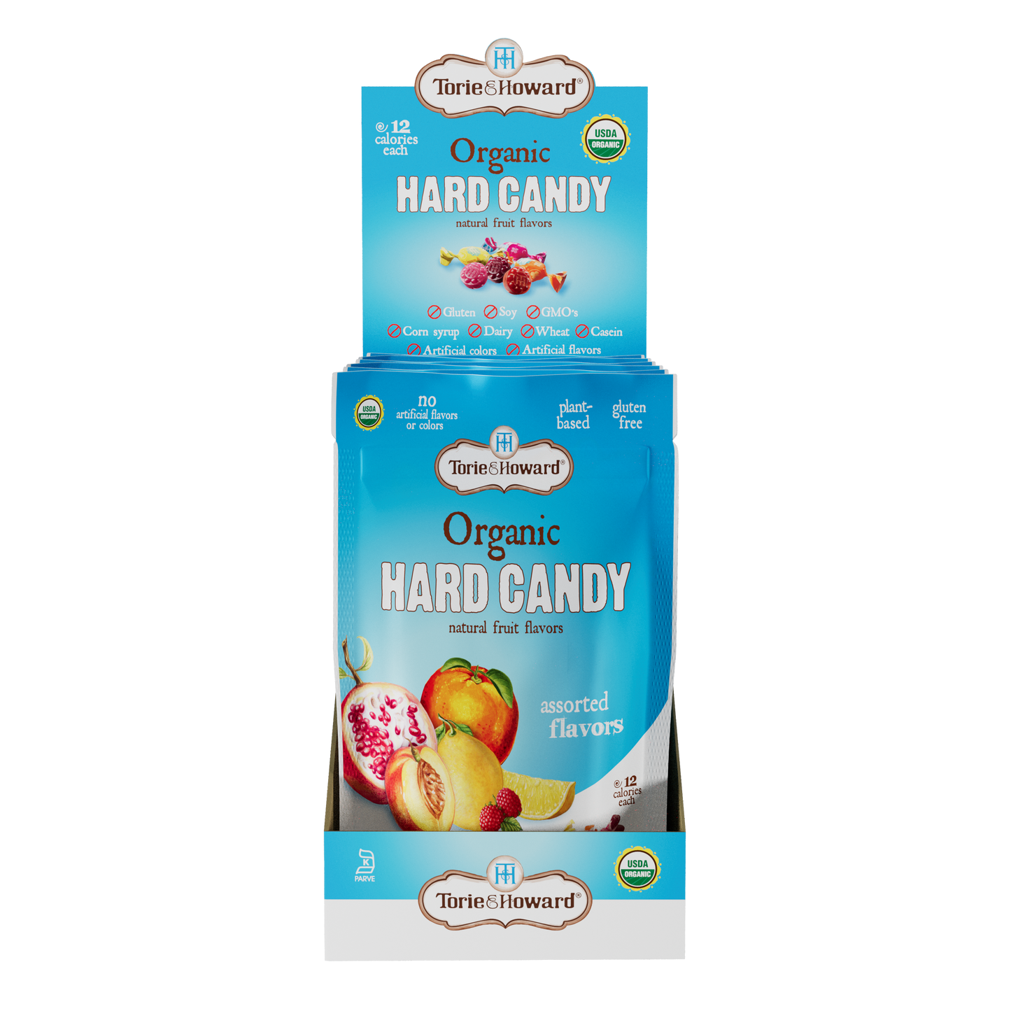 Display caddy containing 6, 3.5oz bags of Torie & Howard Organic Hard Candy in Assorted Flavors