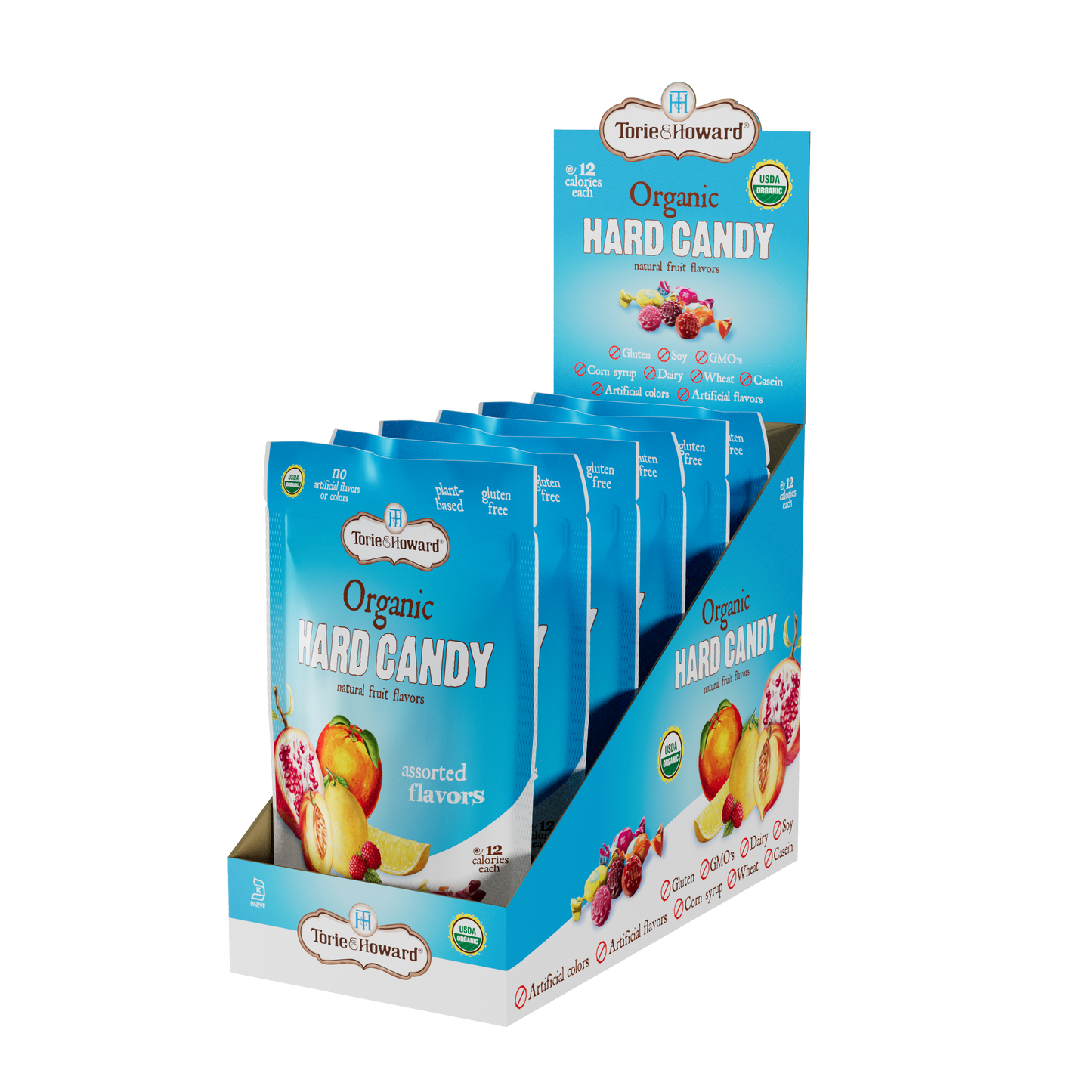 Display caddy containing 6, 3.5oz bags of Torie & Howard Organic Hard Candy in Assorted Flavors, side view
