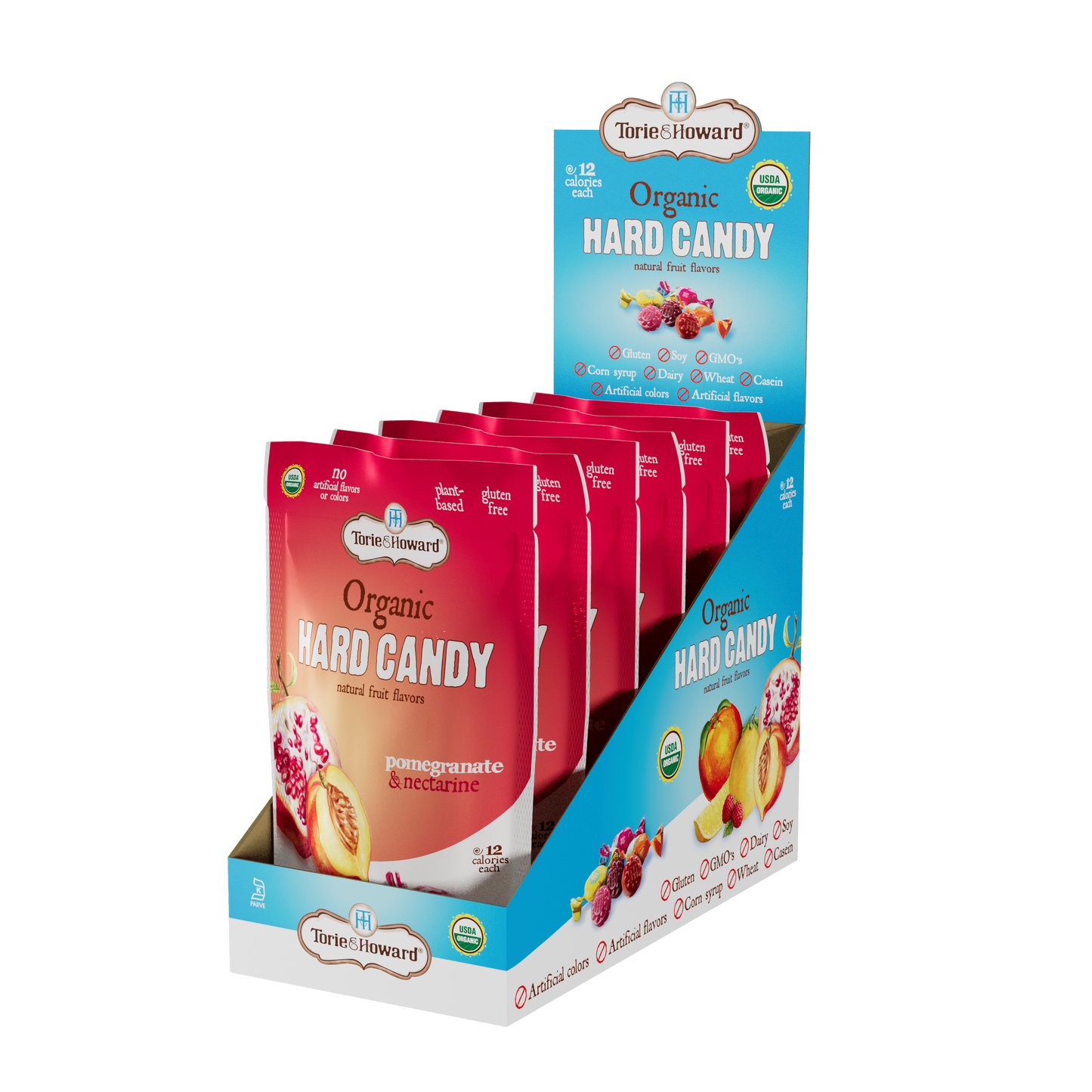 Display caddy containing 6, 3.5oz bags of Torie & Howard Pomegranate & Nectarine Organic Hard Candy, side view